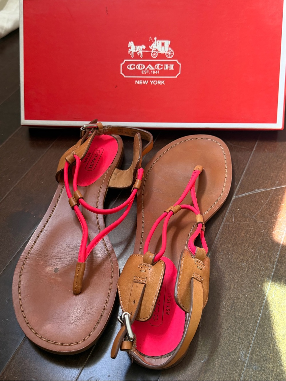 COACH Tan Leather Sandals with Pink Straps